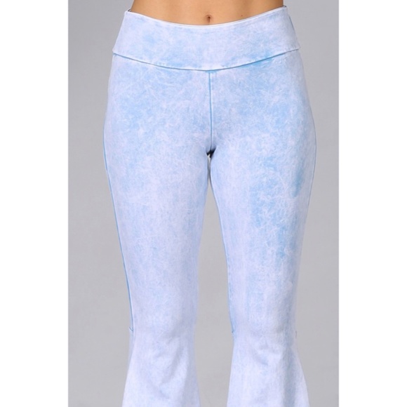 Powder Blue Mineral Wash French Terry Flared Bell Bottom Pull On Pants Pockets - Picture 4 of 5